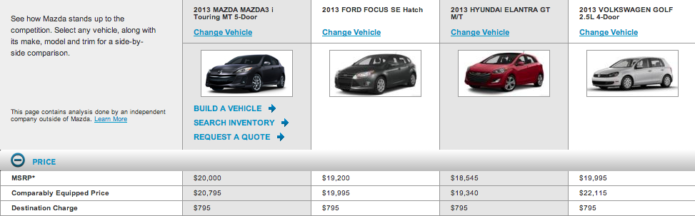 screen shot of Mazda car comparisons
